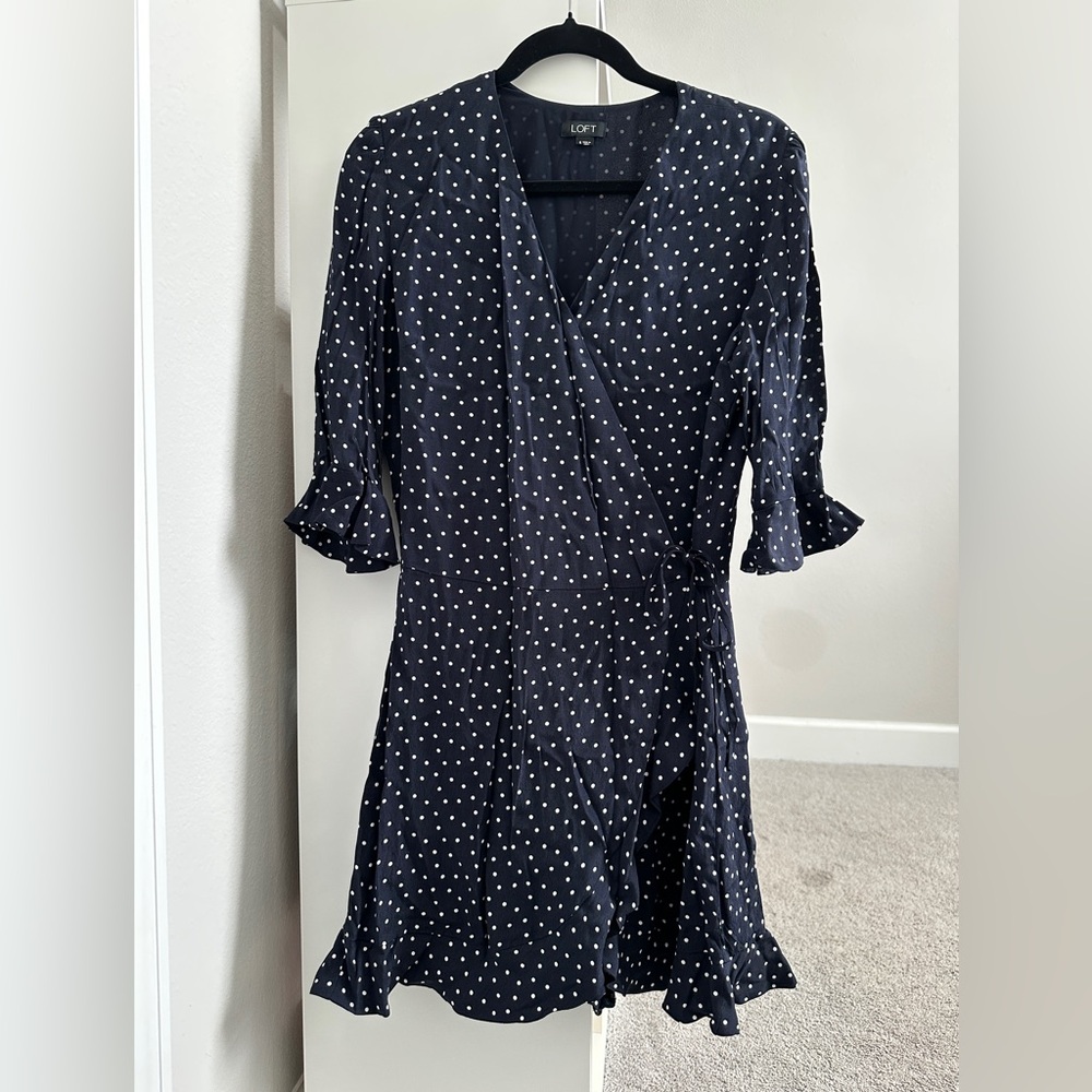 LOFT Navy and White Polka Dot 3/4 Sleeve Romper